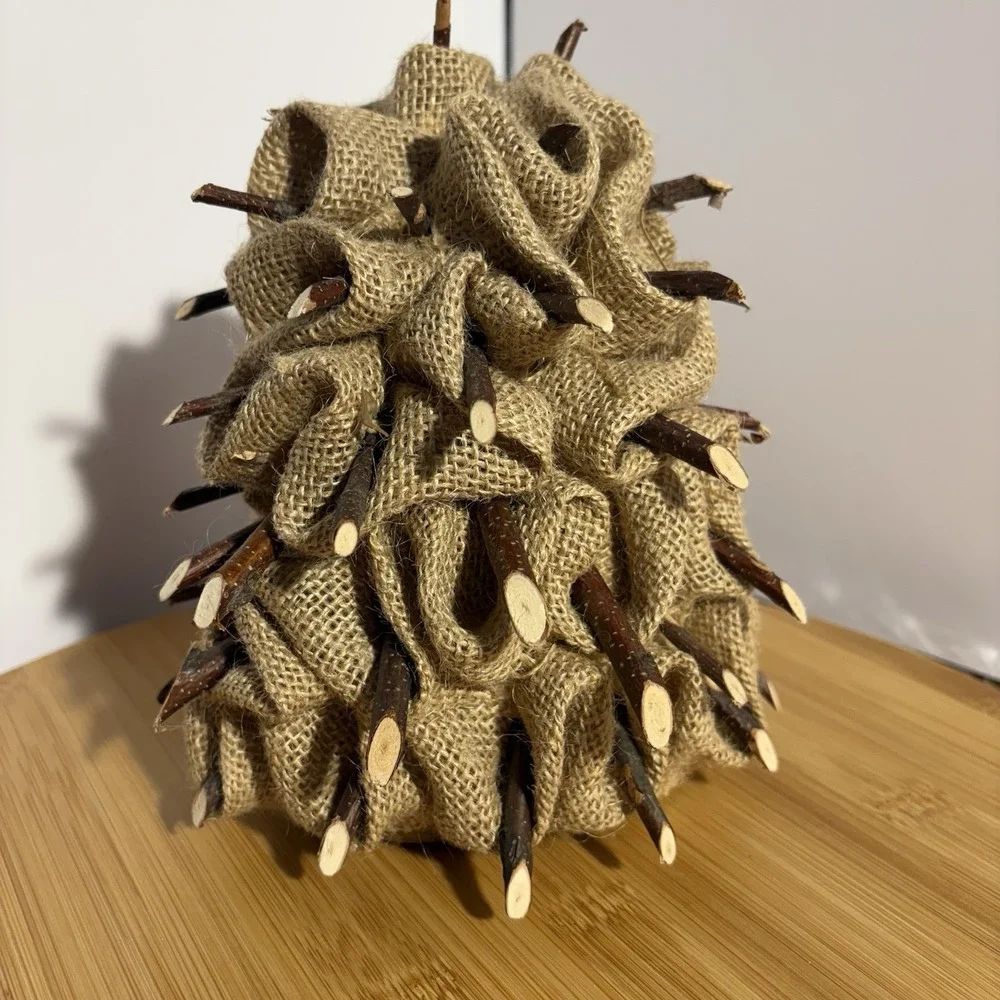 Hand Crafted Hedgehog Natural Twig Straw Burlap Figurine Brown Porcupine Animal